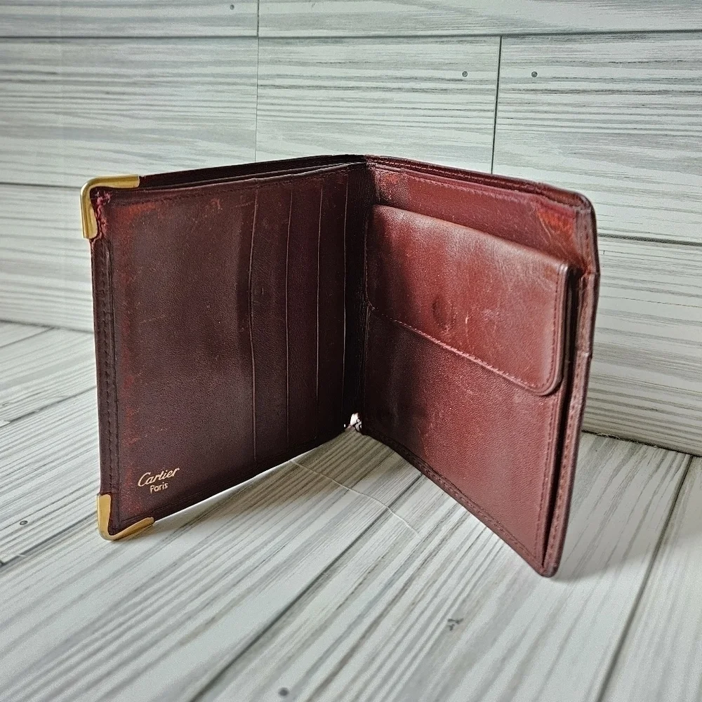 Cartier Vintage Must De Bi Fold Wallet with Coin Pouch in Burgundy Leather